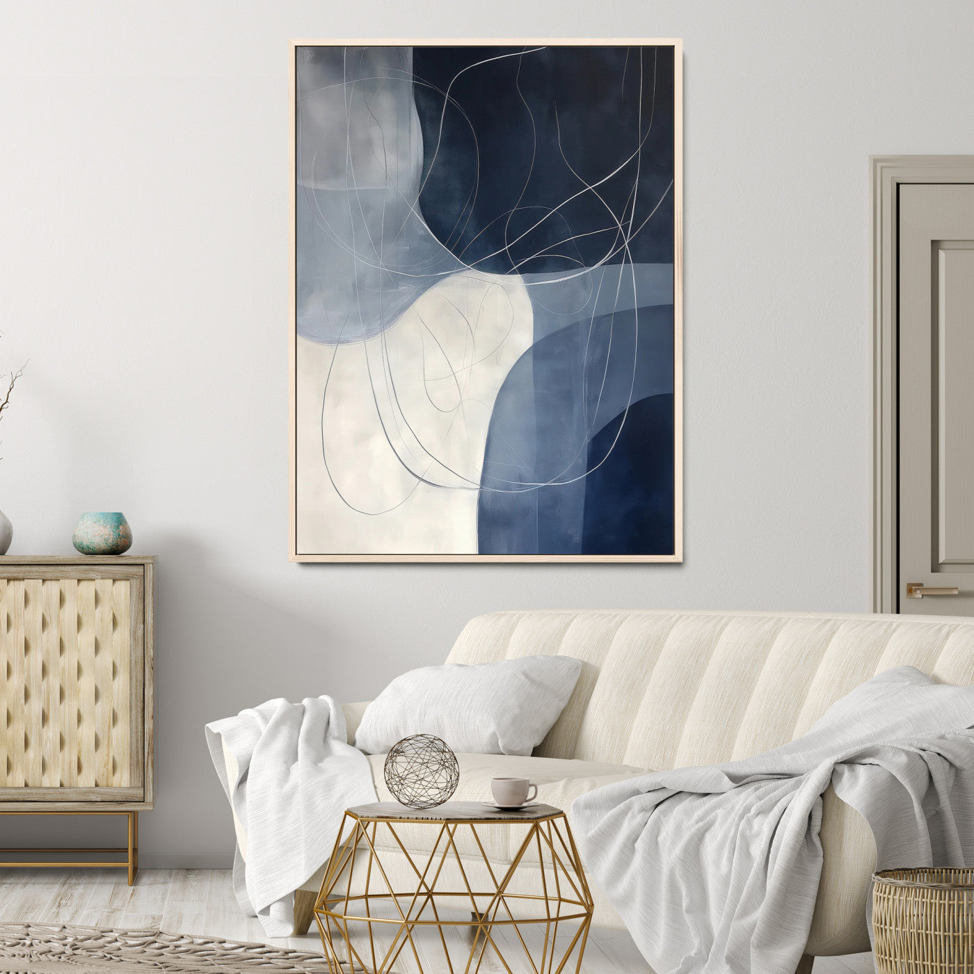 Navy Abstract Wall Art Canvas Print, Framed Minimal Lineart Art Picture Print, Abstract Shapes Perfect Minimalist Abstract Decor Artwork