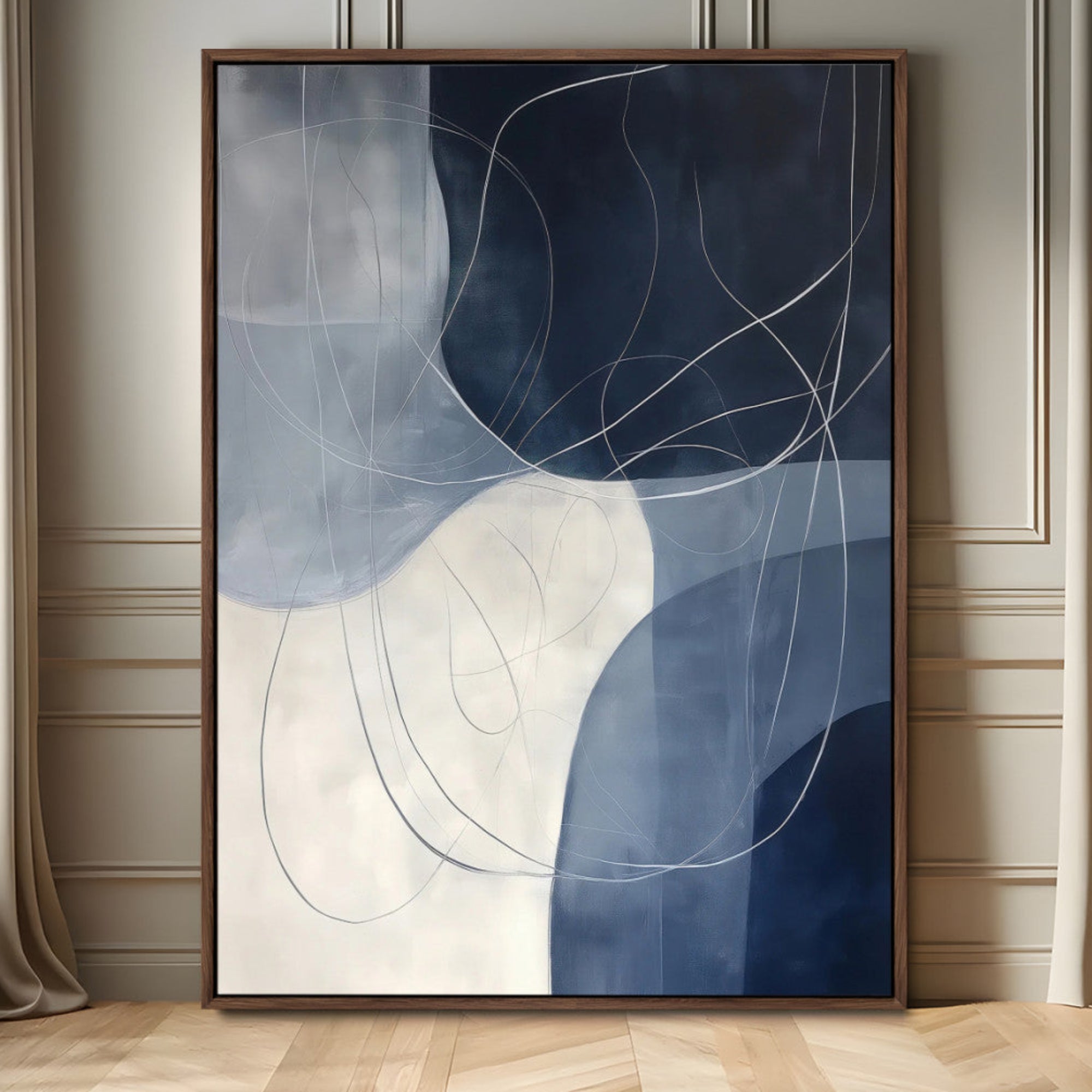 62566633-MGV-FC-24X36_Walnut-Navy Abstract Wall Art Canvas Print – Framed Minimal Lineart Shapes Modern Geometric Minimalist Artwork for Home Office