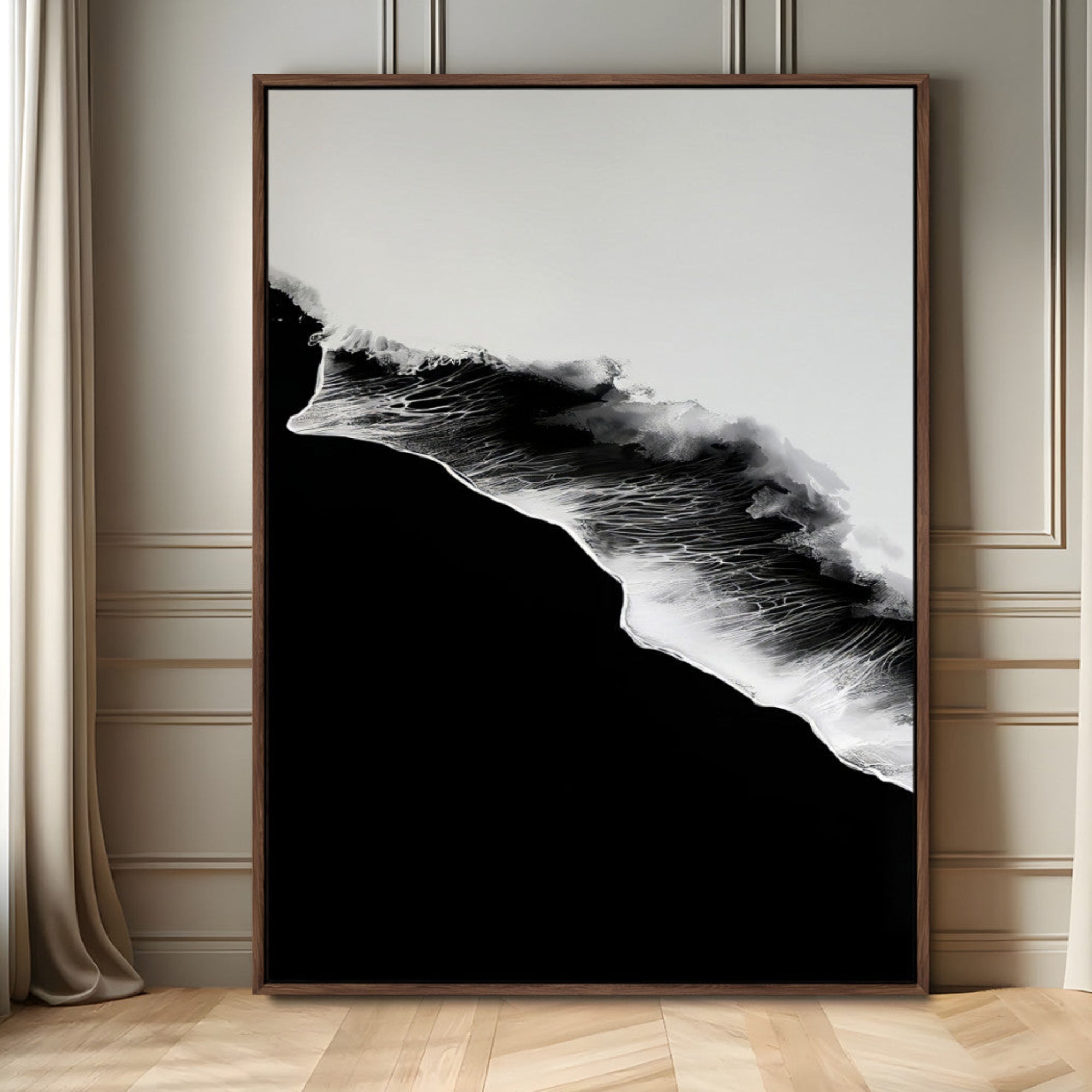 70946792-MGV-FC-24X36_Walnut-Ocean Wave Wall Art Canvas Print – Framed Abstract Monochrome Sea Modern Minimal Coastal Nature Artwork for Home, Office