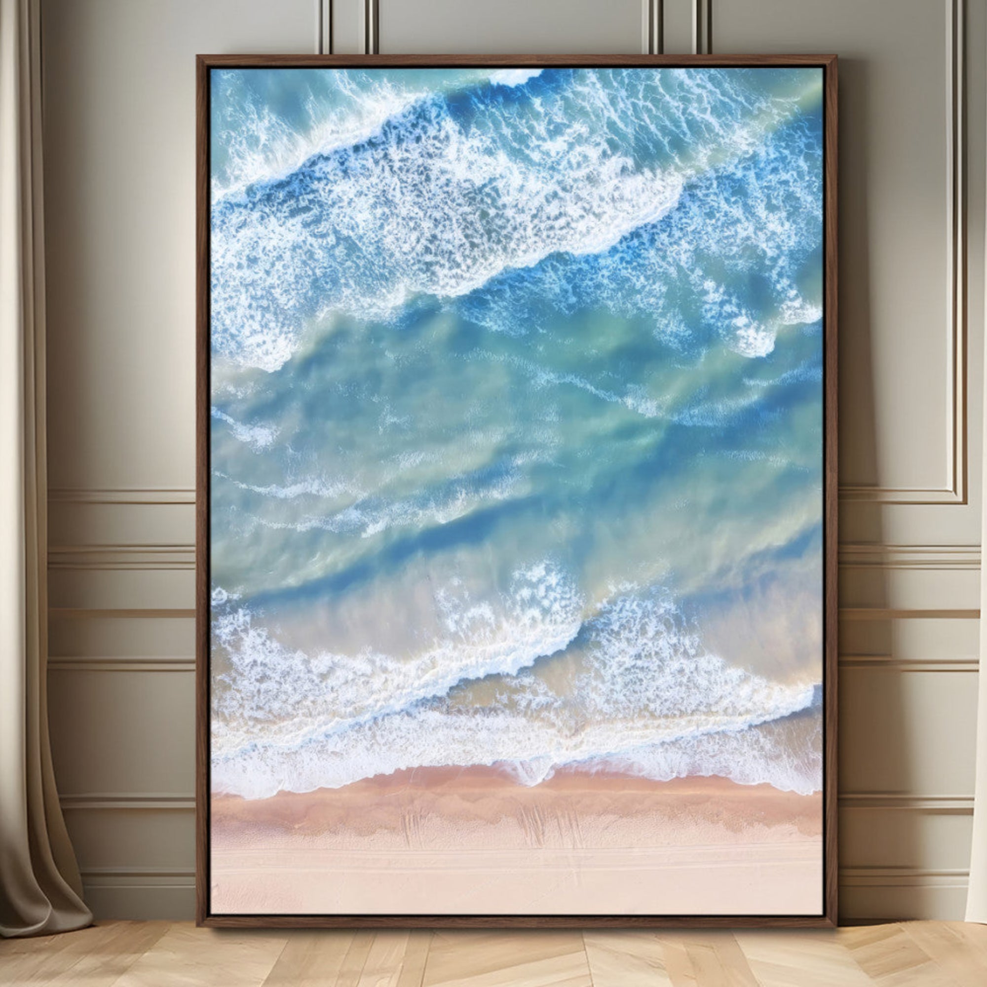 81208260-MGV-FC-24X36_Walnut-Aerial Ocean View Wall Art Canvas Print – Framed Soft Blue Waves Sandy Shoreline Modern Coastal Artwork for Home Office