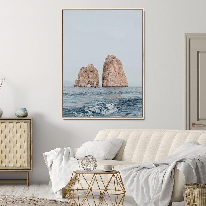 Faraglioni Capri Wall Art Canvas Print, Serene Ocean Print, Framed Mediterranean Coastal Art Print, Large Rocky Ocean Printing