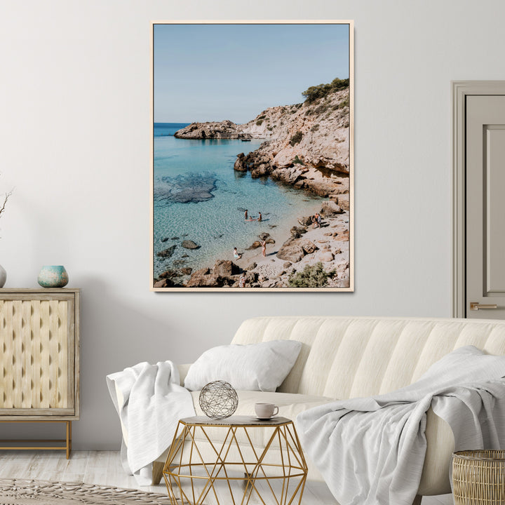 Turquoise Cove Wall Art Canvas Print, Ibiza Beach Print, Framed Mediterranean Shore Art Print, Large Clear Shoreline Printing Boho