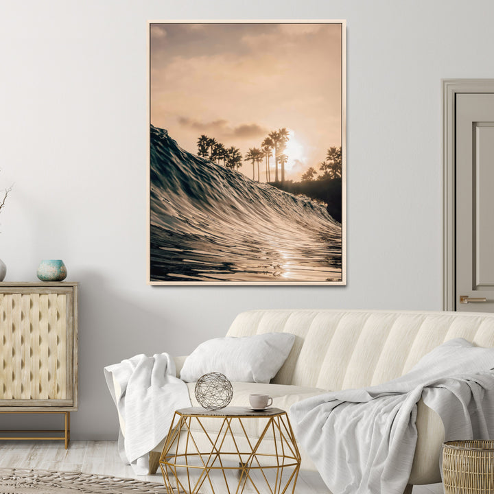 Golden Hour Ocean Wall Art Canvas Print, Tropical Beach Sunset Print, Framed Palm Tree Silhouettes Art Print, Large Warm Coastal