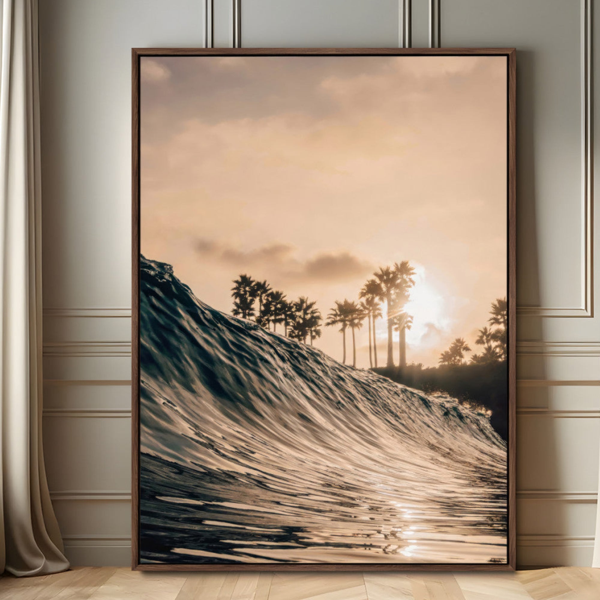 50270635-MGV-FC-24X36_Walnut-Golden Hour Ocean Wave Wall Art Canvas Print – Framed Tropical Beach Sunset Palm Silhouette Coastal Artwork for Home Office