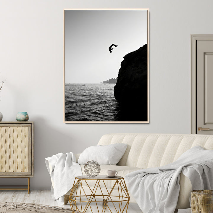 Cliff Jumping Wall Art Canvas Print, Black White Ocean Print, Framed Monochrome Cliff Dive Art Print, Large Coast Dive Printing,