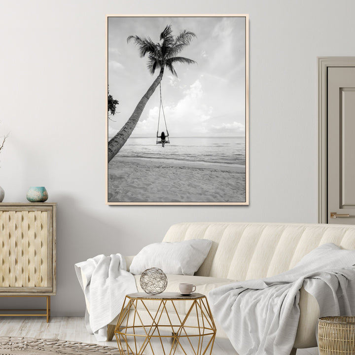 Black White Palm Tree Wall Art Canvas Print, Minimalist Beach Swing Print, Framed Monochrome Coastal Art Print, Large Tropical Ocean