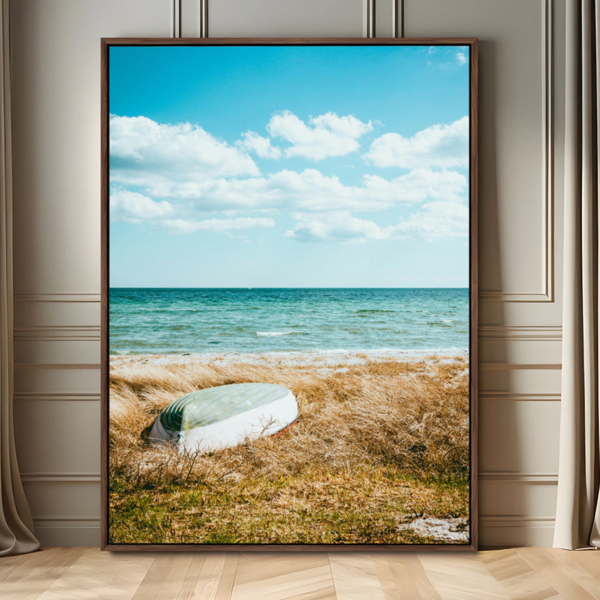 21725303-MGV-FC-24X36_Walnut-Coastal Serenity Wall Art Canvas Print – Framed Ocean View Rustic Boat Nautical Scene Artwork for Home Office