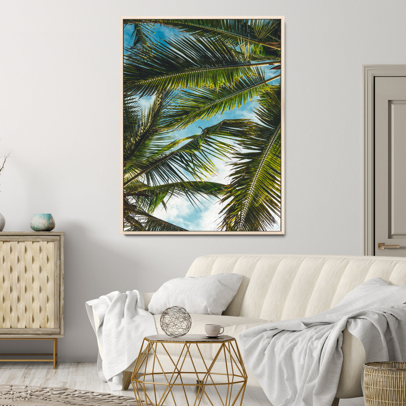 Palm Leaves Wall Art Canvas Print, Framed Tropical Vibes Art Picture Print, Green Foliage Perfect Tropical Boho Decor Artwork