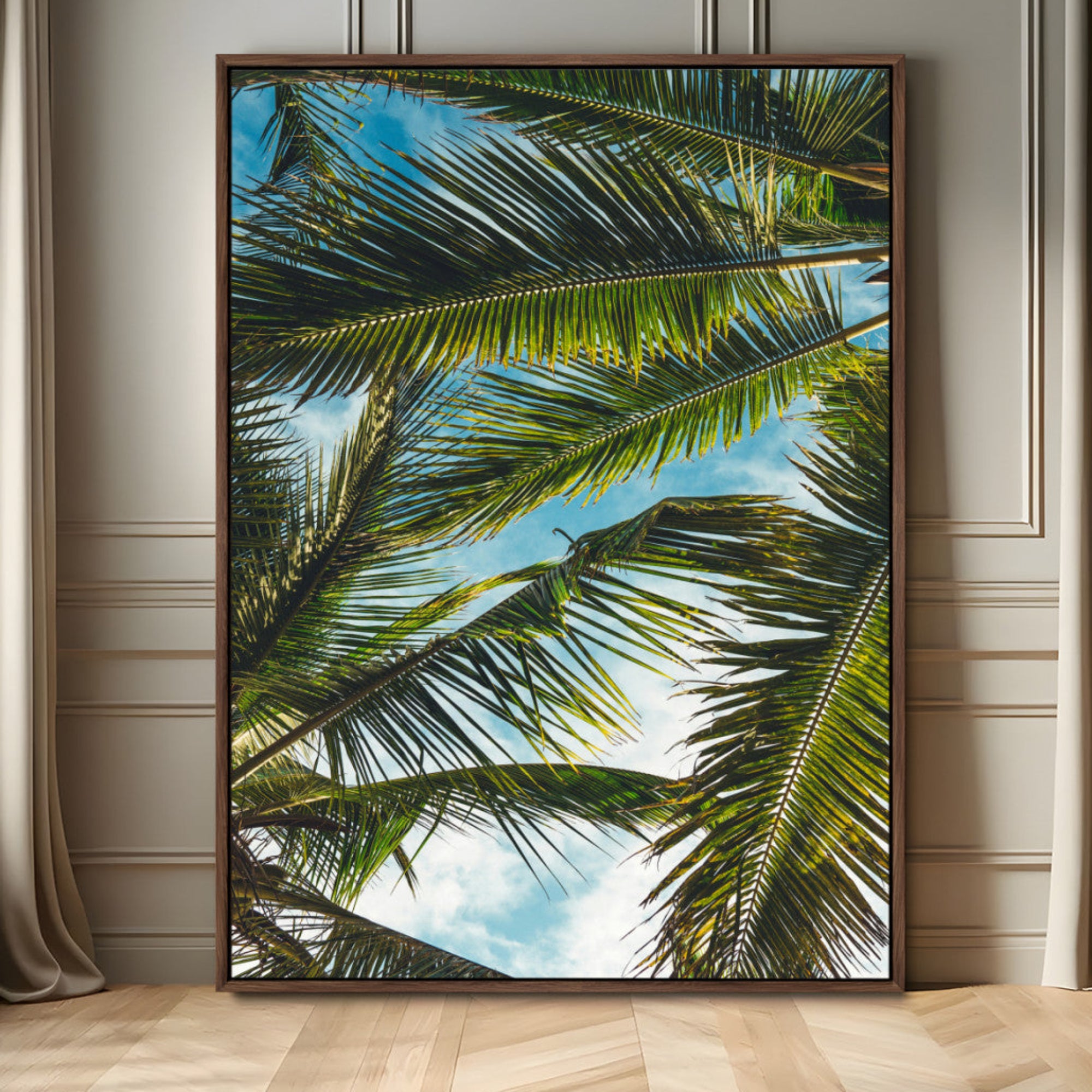 31086560-MGV-FC-24X36_Walnut-Palm Leaves Wall Art Canvas Print – Framed Tropical Vibes Green Foliage Nature Scene Artwork for Home Office