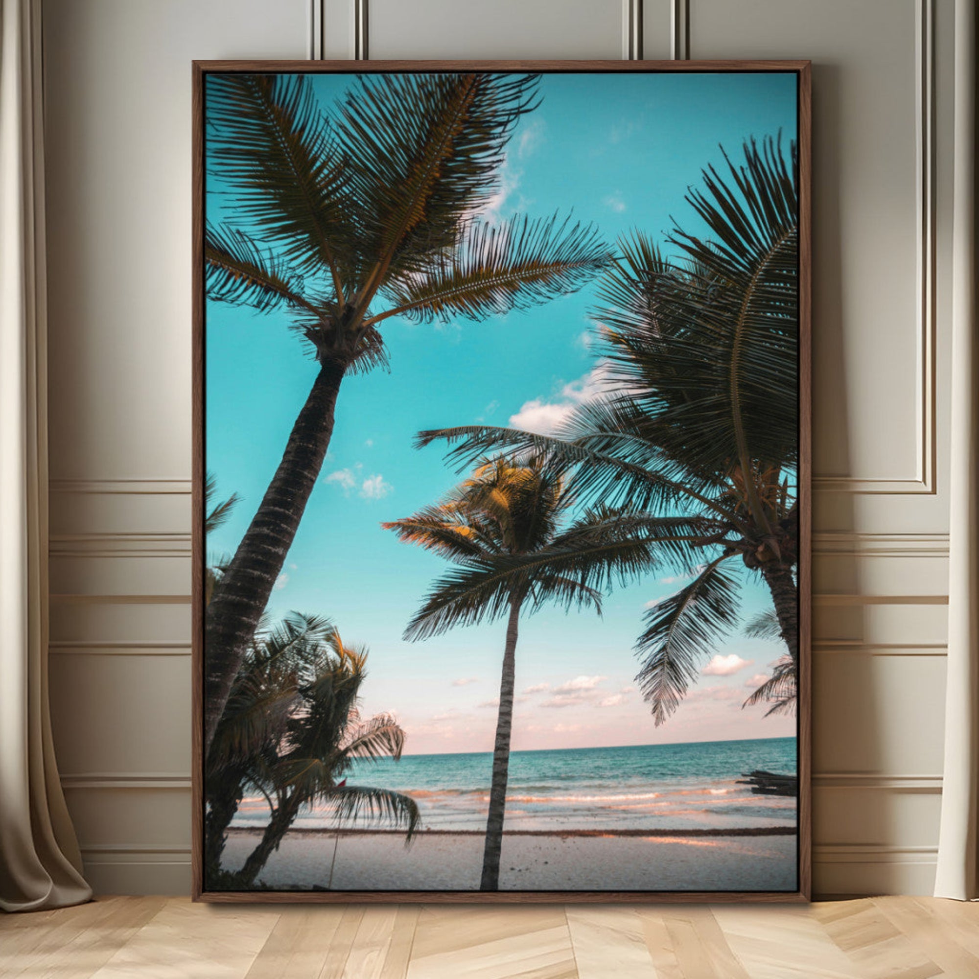 49451039-MGV-FC-24X36_Walnut-Palm Trees Wall Art Canvas Print – Framed Tropical Beach Ocean Breeze Artwork for Home, Office, Living Room