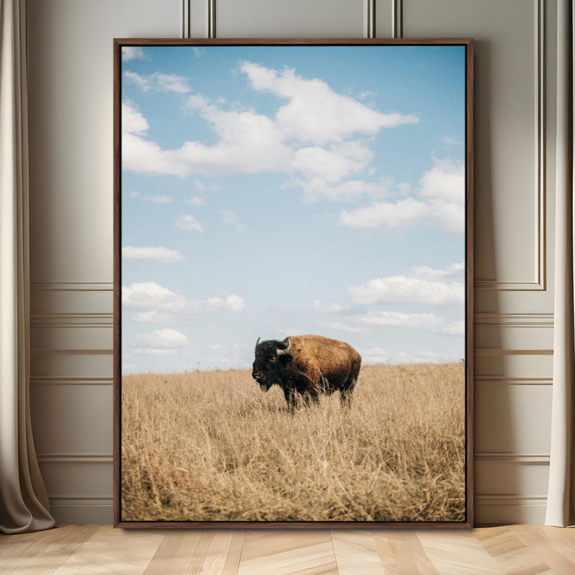 10199503-MGV-FC-24X36_Walnut-Bison Photography Wall Art Canvas Print – Framed Western Prairie Serenity Landscape Artwork for Home Office