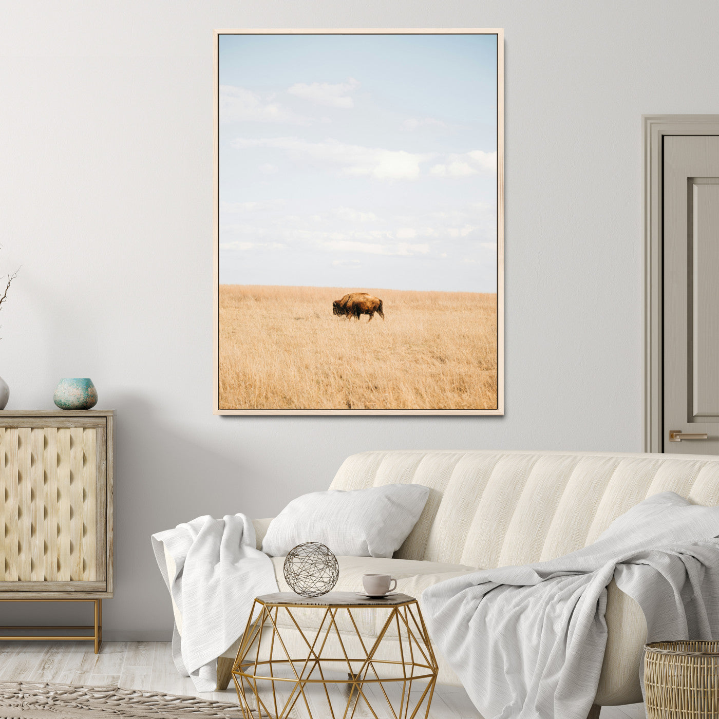 Minimalist Nature Wall Art Canvas Print, Framed Bison In Grassland Art Print, Open Field Perfect Modern Ranch Decor Decor Artwork