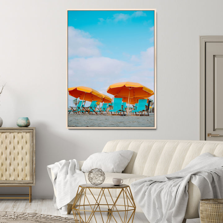 Beach Umbrellas Wall Art Canvas Print, Framed Coastal Vibes Art Picture Print, Tropical Paradise Perfect Coastal Boho Decor Artwork