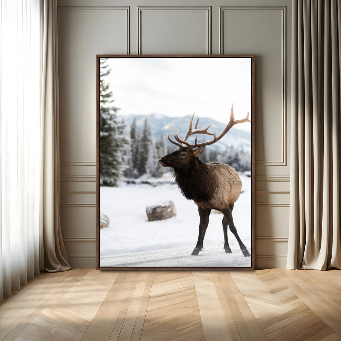 Elk Photography Wall Art Canvas Print, Framed Winter Wildlife Art, Snowy Mountains Rustic Cabin Decor