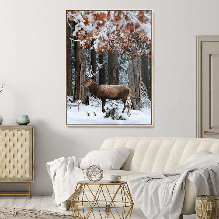 Serene Landscape Wall Art Canvas Print, Framed Winter Wonderland Art Picture Print, Winter Deer Canvas Perfect Rustic Cabin Decor Artwork