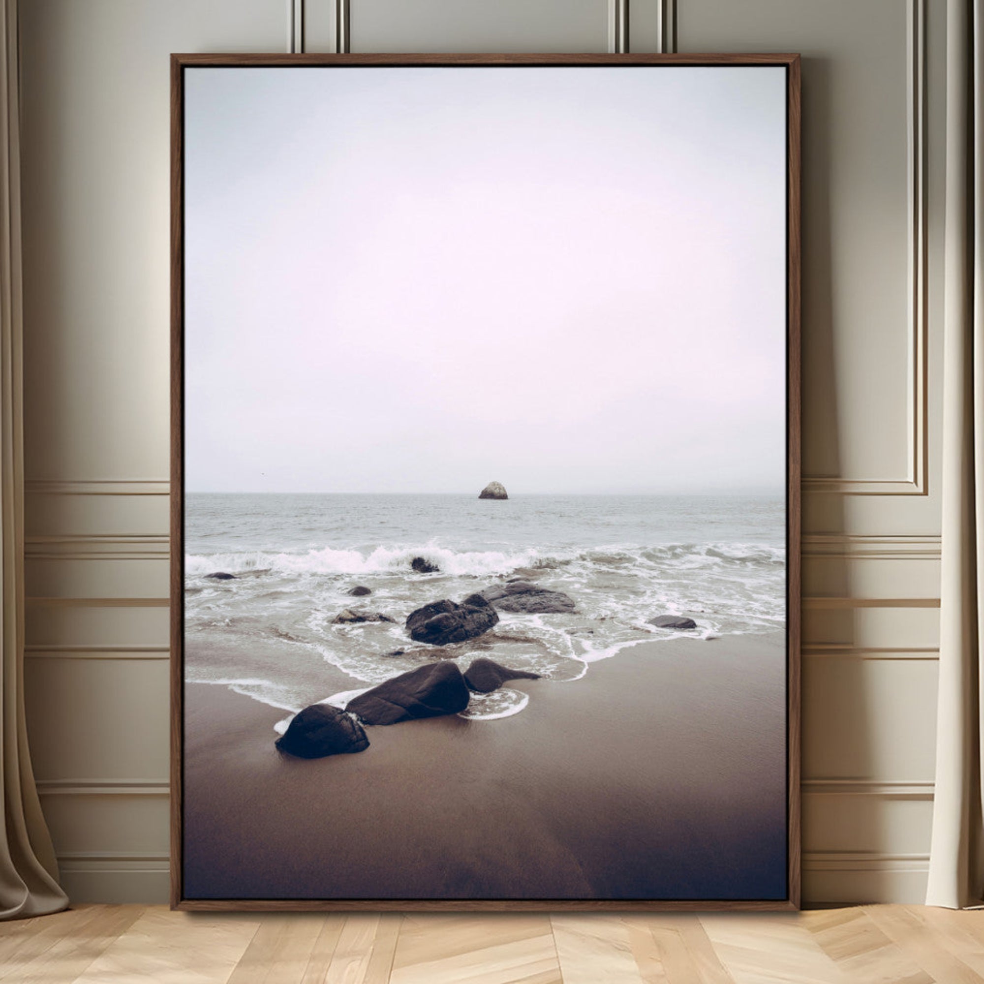 38272740-MGV-FC-24X36_Walnut-Moody Seascape Wall Art Canvas Print – Framed Neutral Foggy Ocean Beach Nature Scene Artwork for Home Office