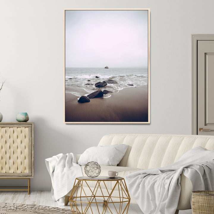 Moody Seascape Wall Art Canvas Print, Framed Neutral Beach Art Picture Print, Foggy Ocean Perfect Minimalist Decor Artwork