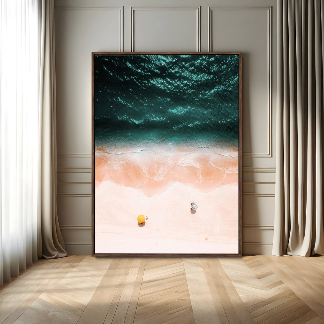 Aerial Serenity Wall Art Canvas Print, Framed Gentle Waves Peach Shore Art, Pastel Beach Coastal Decor