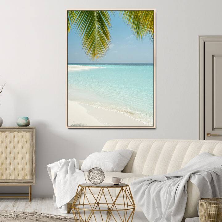 Azure Water Wall Art Canvas Print, Framed Tranquil Island Escape Art Picture Print, Clear Blue Ocean Wall Art Coastal Minimalist Decor
