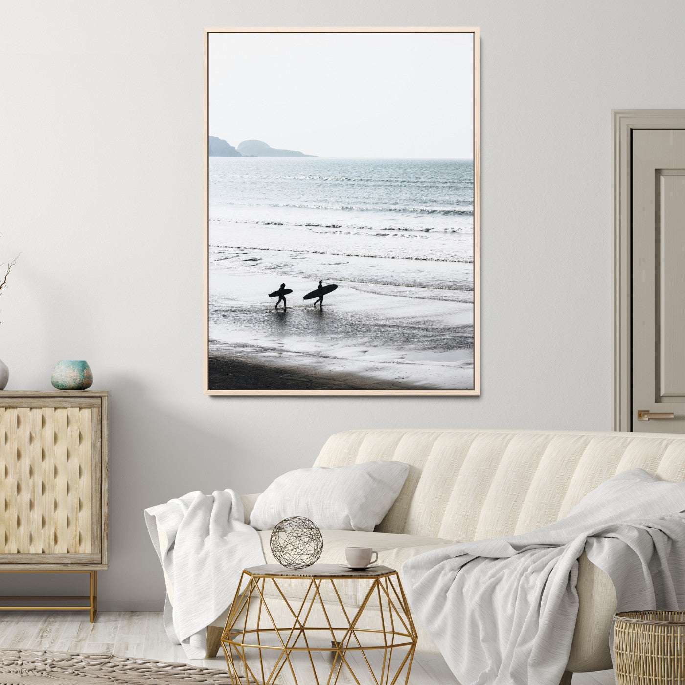 Surfer Silhouettes Wall Art Canvas Print, Framed Minimalist Ocean Art Picture Print