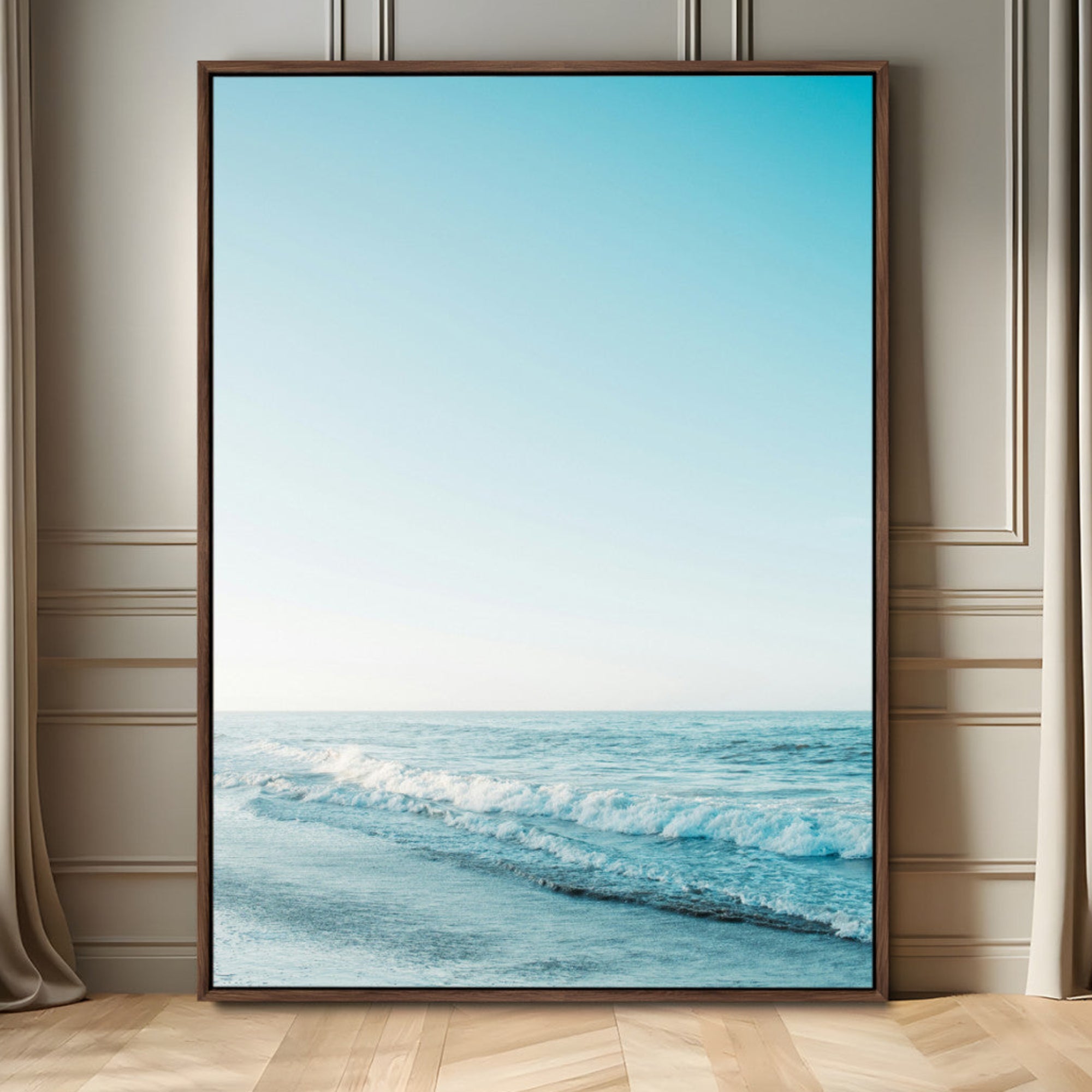 20189712-MGV-FC-24X36_Walnut-Minimalist Ocean Wall Art Canvas Print – Framed Calm Seascape Soft Blue Tones Nature Scene Artwork for Home Office