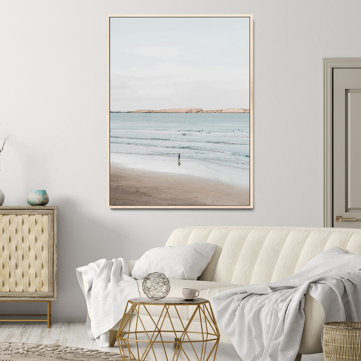 Minimalist Beach Art Canvas Print, Soft Blue Tones Print, Framed Tranquil Ocean Art Print, Large Calm Horizon Printing Coastal,