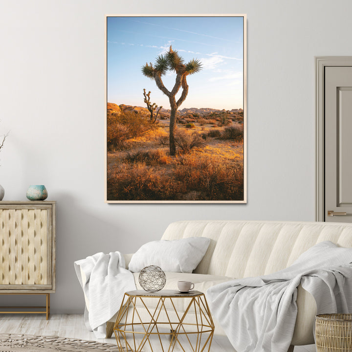 Framed Joshua Tree Print, Golden Hour Desert Print, Framed Sunset Glow Art Print, Large Arid Terrain Printing Southwestern