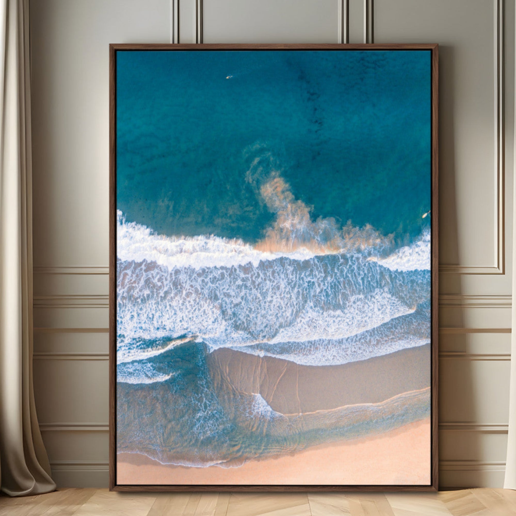 97740681-MGV-FC-24X36_Walnut-Aerial Beach View Wall Art Canvas Print – Framed Ocean Waves Coastal Serenity Minimalist Seascape Artwork for Home, Office