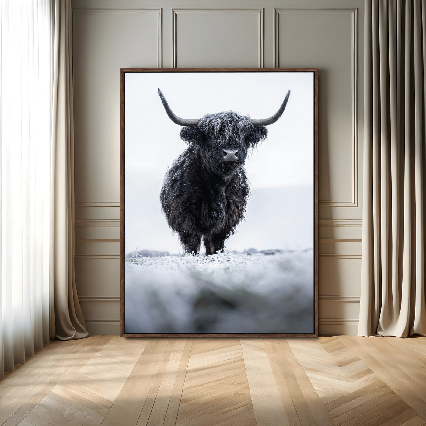 MGV-FC-24X36 - Frosty Black Highland Wall Art Canvas Print, Framed Moody Winter Aesthetic Art Picture Print, Scottish Highlands Perfect Modern Rustic Decor Artwork