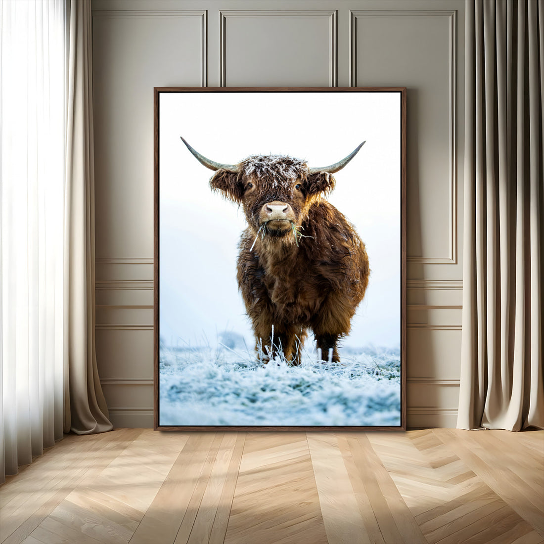 Highland Cow Wall Art Canvas Print, Framed Frosty Winter Farm Scene Artwork