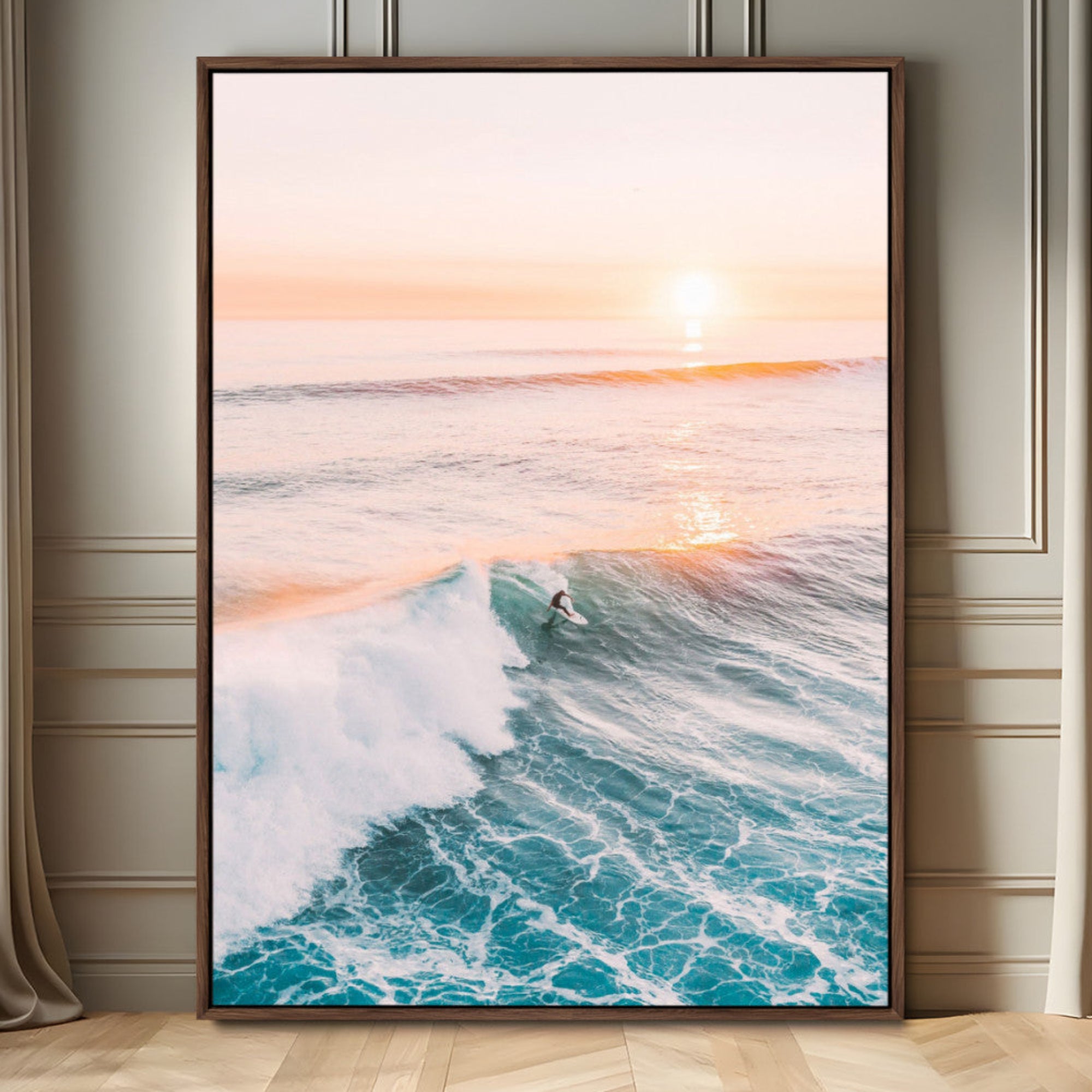 MGV-FC-24X36 - Sunset Surfing Canvas Wall Art – Framed Ocean Wave Surf Scene, Large Coastal Canvas for Beach House,