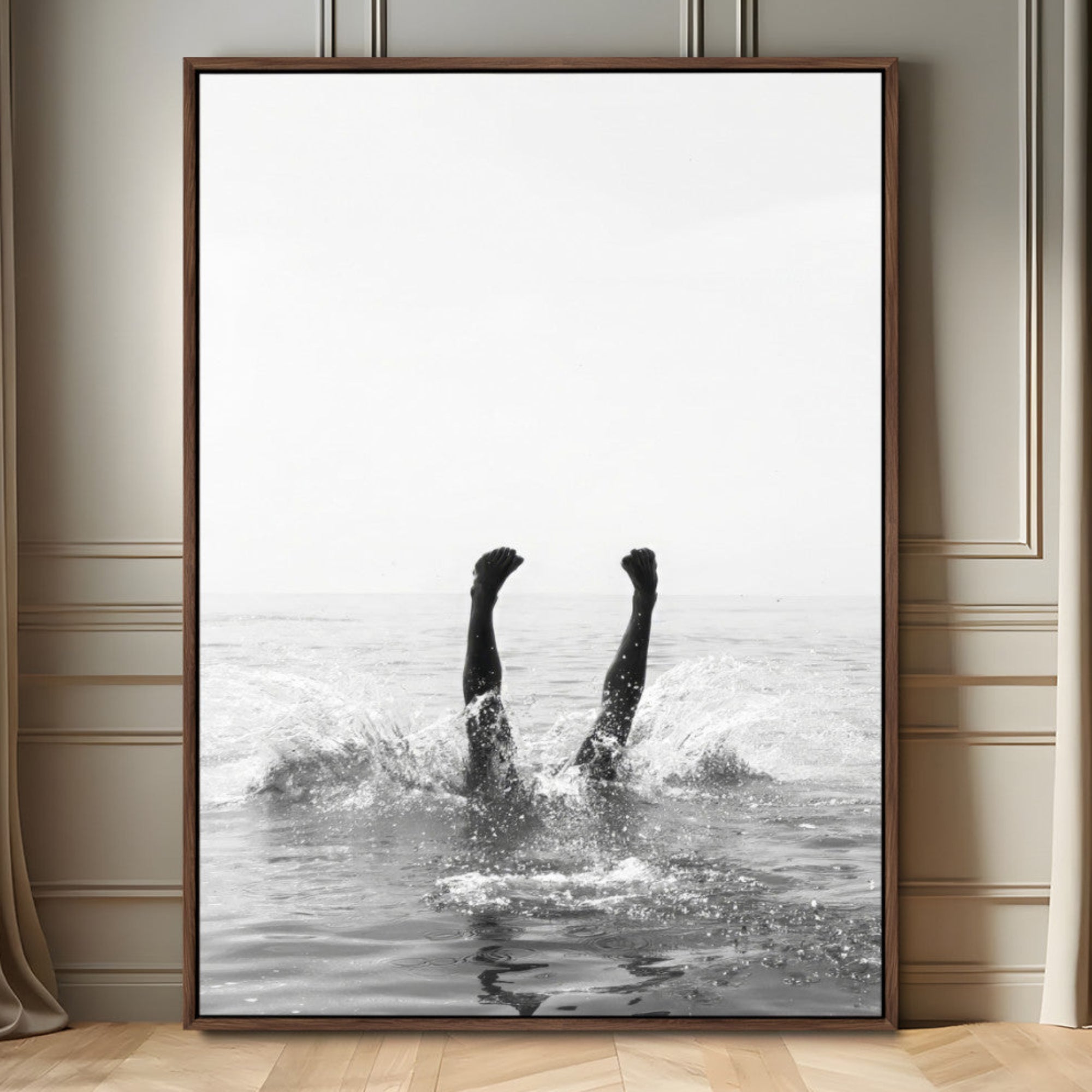 MGV-FC-24X36 - Black and White Splash Canvas Wall Art – Artistic Water Dive Photography, Minimalist Ocean Splash