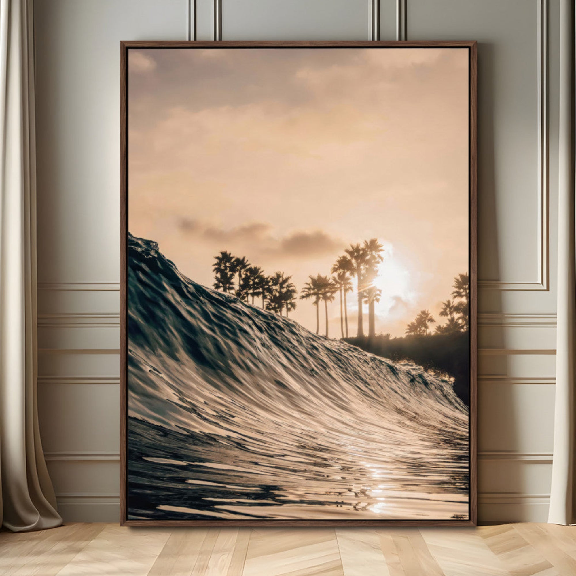 MGV-FC-24X36 - Sunset Wave Ocean Canvas Wall Art – Coastal Palm Trees, Surfing Beach Landscape, Large Tropical