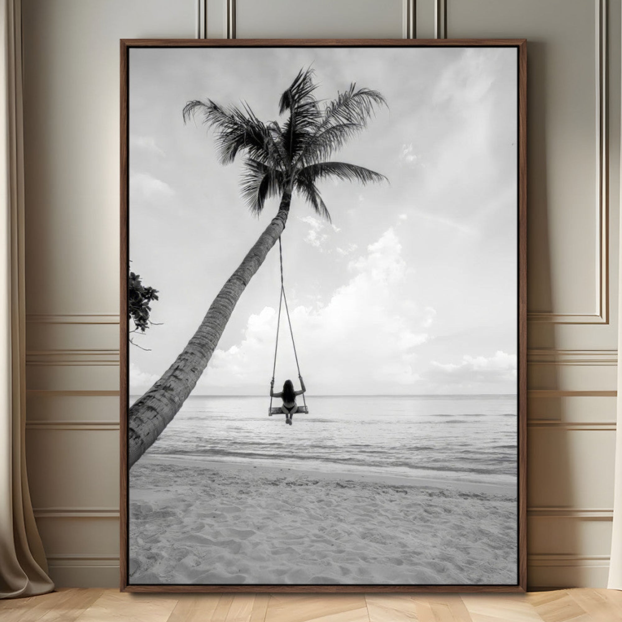 MGV-FC-24X36 - Black and White Palm Tree Swing Canvas Wall Art – Serene Ocean View, Monochrome Tropical Decor,