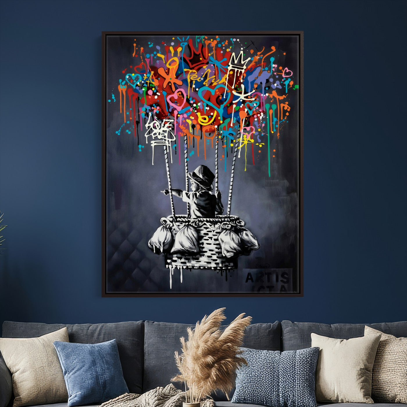 87352999-MGV-CV-24X36 - Banksy Inspired Boy Swing Wall Art Canvas Print, Graffiti Balloon Hearts Street Art, Colorful Urban Mural Artwork for Modern Living Room Decor