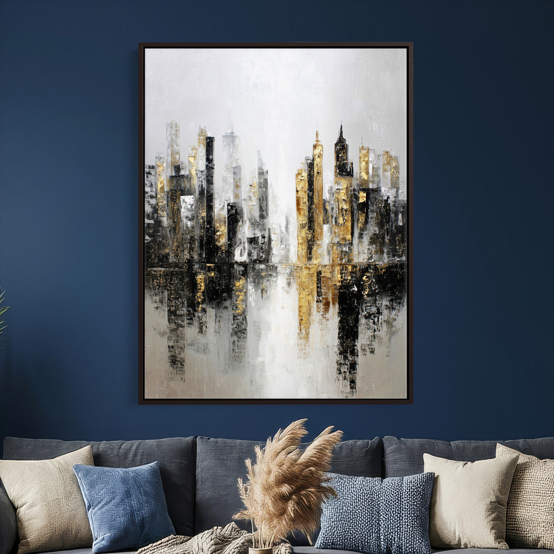 Abstract New York Wall Art Canvas Print, Gold Black Modern Architecture Art