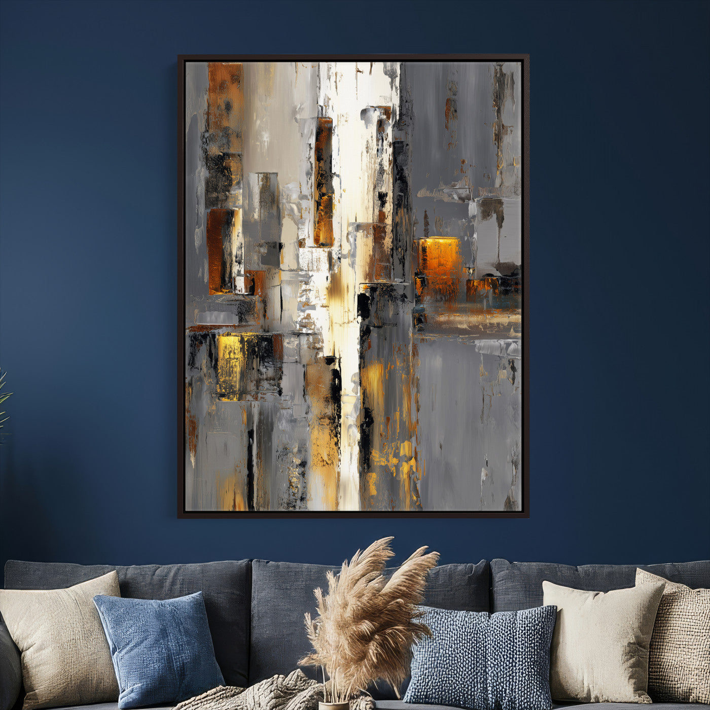 35992080-MGV-CV-24X36 - Abstract Urban Reflection Wall Art Canvas Print, Gold Black Modern Architecture Canvas Print, Contemporary Moody City Artwork for Living Room Decor