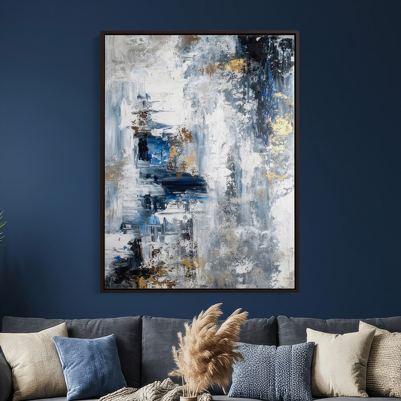 3962948988-MGV-CV-24X36 - Blue Abstract Wall Art Canvas Print, Gold Black Modern Architecture Canvas Print, Contemporary Moody City Artwork for Living Room Decor