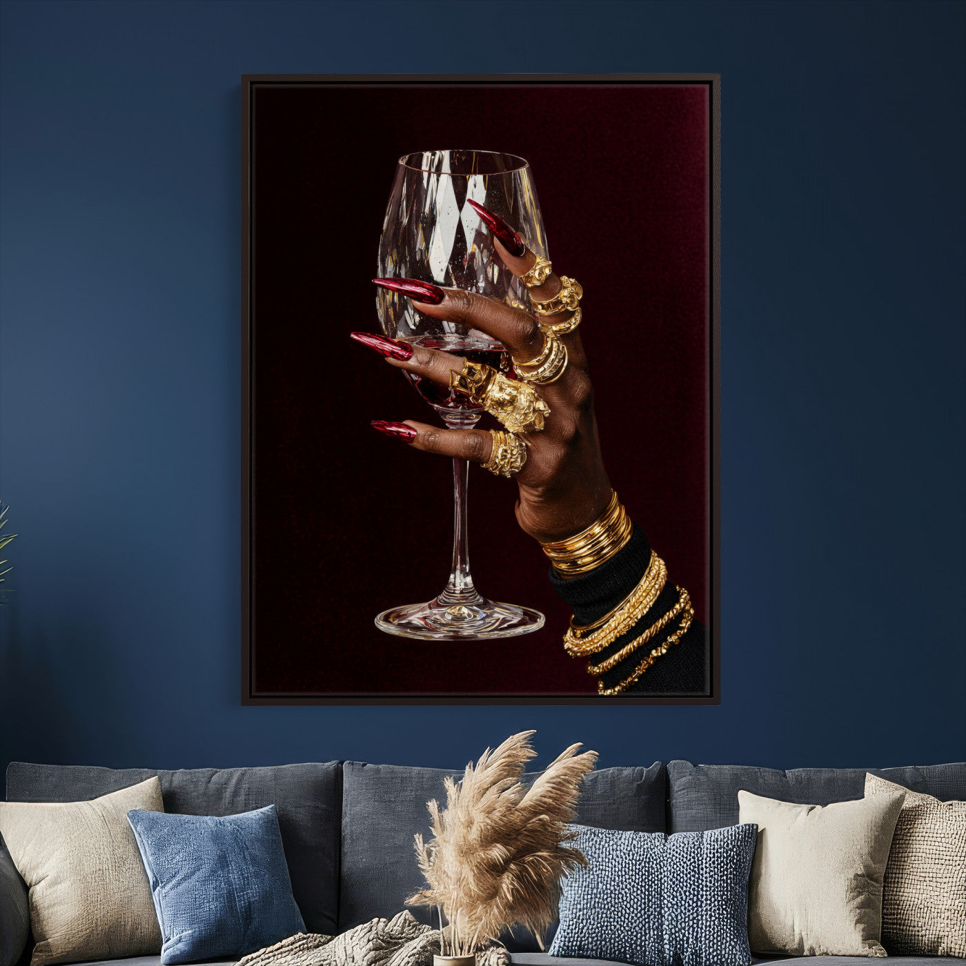 8151788Y6-MGV-CV-24X36 - Black Woman Holding Elegant Wine Glass Art, Black Girl Art, Black Woman Art, Trendy Black Girl Wall Art