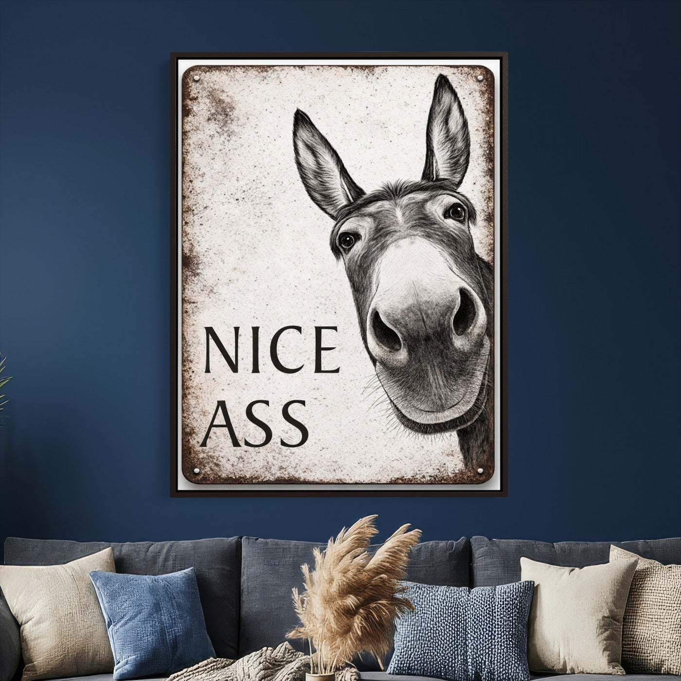 8151788R6-MGV-CV-24X36 - Funny Donkey Bathroom Wall Art Canvas Print, Nice Ass Farm Animal Sign, Rustic Farmhouse Humor Decor, Toilet Wall Art