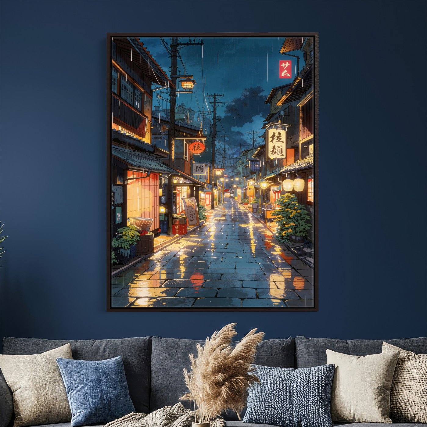 4712069J1-MGV-CV-24X36 - Tokyo Tea House Canvas Wall Art — Japan Rainy Night Street Print | Anime Style Decor | Japanese Tea House Art | Tokyo City Gift
