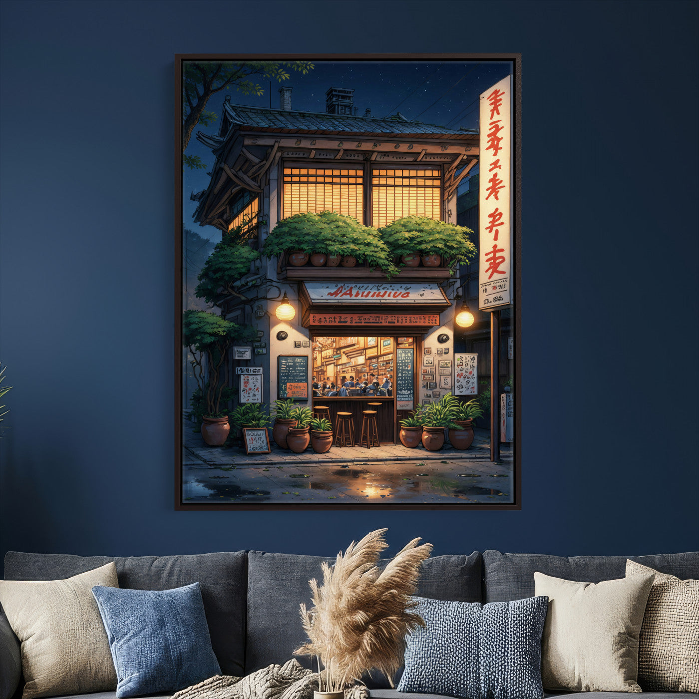 4712069TE1-MGV-CV-24X36 - Evening at the Ramen Shop Canvas Wall Art — Japan Night Anime Print | Japanese Restaurant Decor | Lofi Wall Art | Ramen Lover Gift