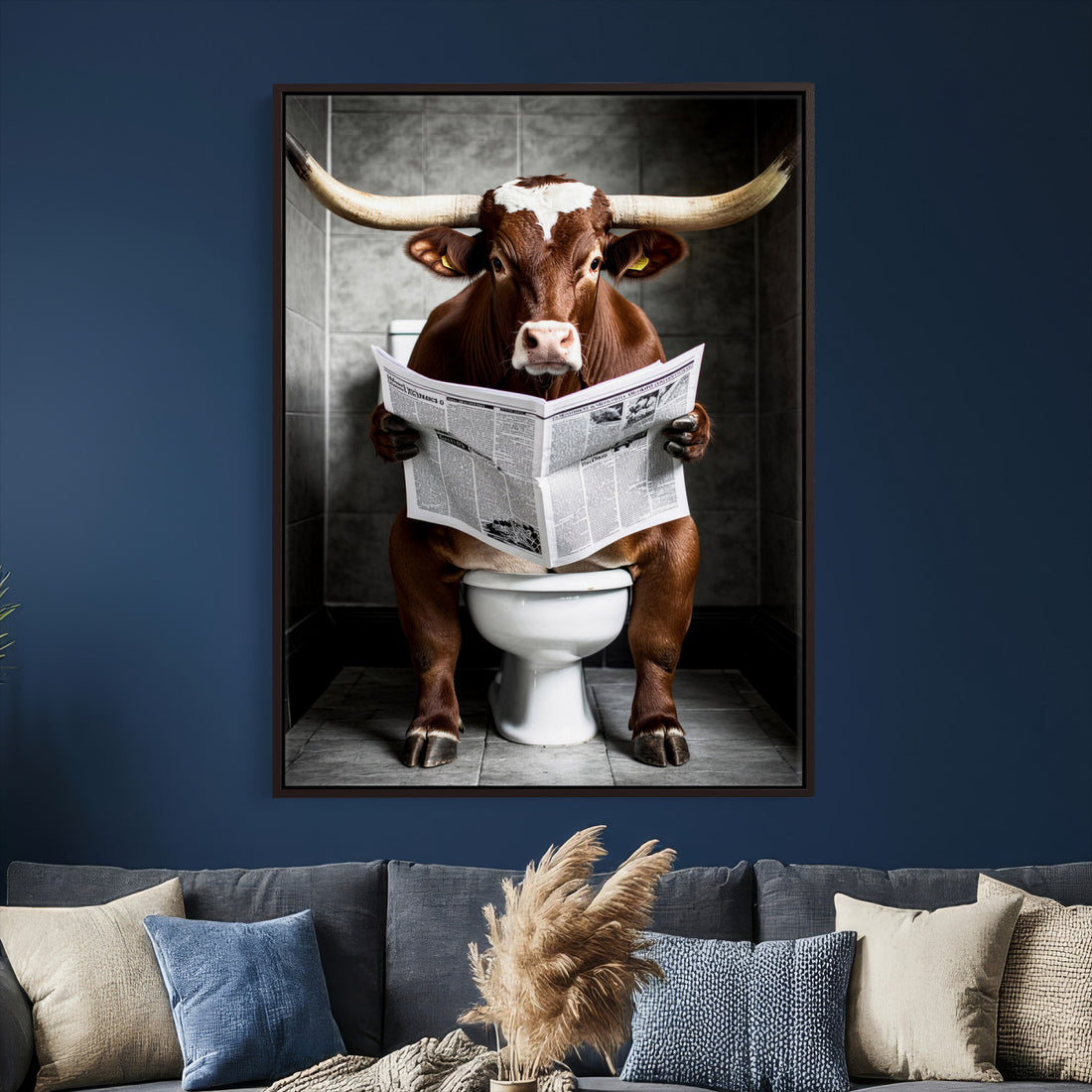 Texas Longhorn Cow Toilet Paper Canvas Wall Art, Funny Bathroom Decor