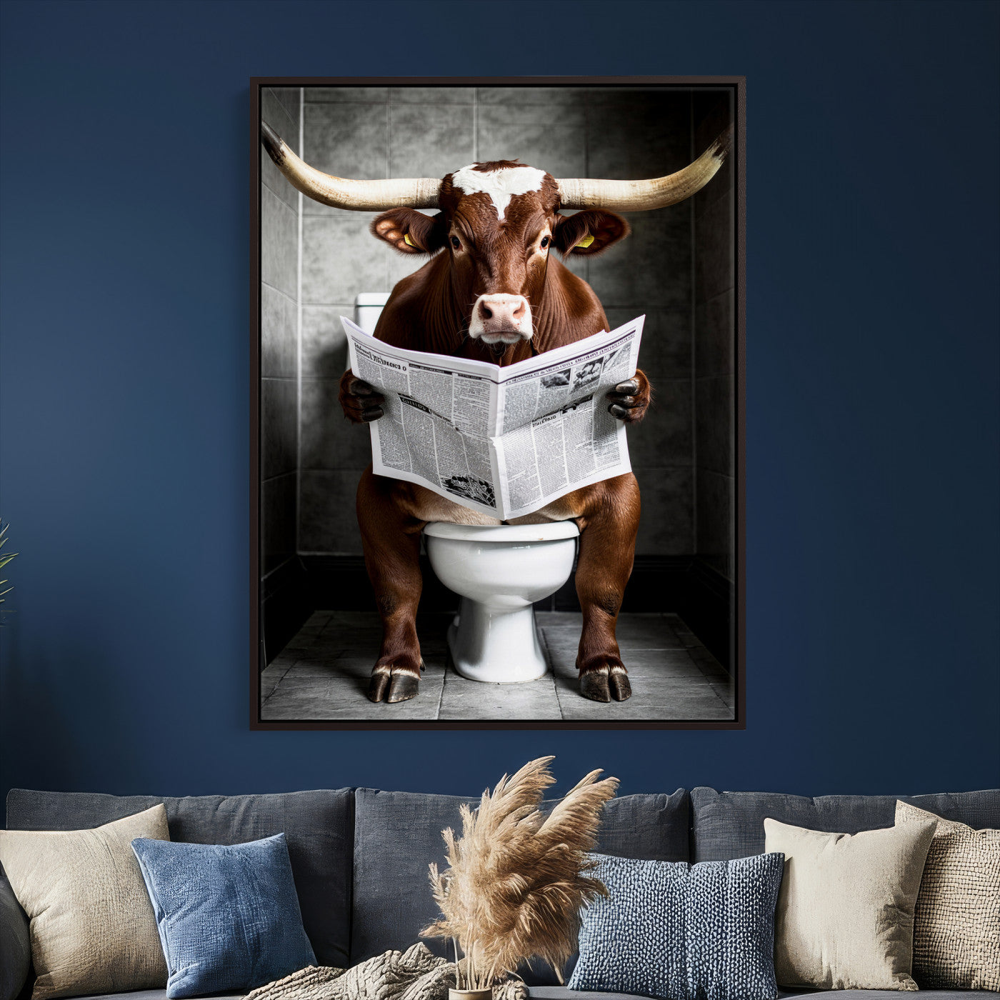 69808726-MGV-CV-24X36 - Texas Longhorn Cow Toilet Paper Canvas Wall Art, Funny Bathroom Black White Print, Cute Animal Humor Decor, Quirky Farmhouse Bathroom Art, Cow Lover Gift