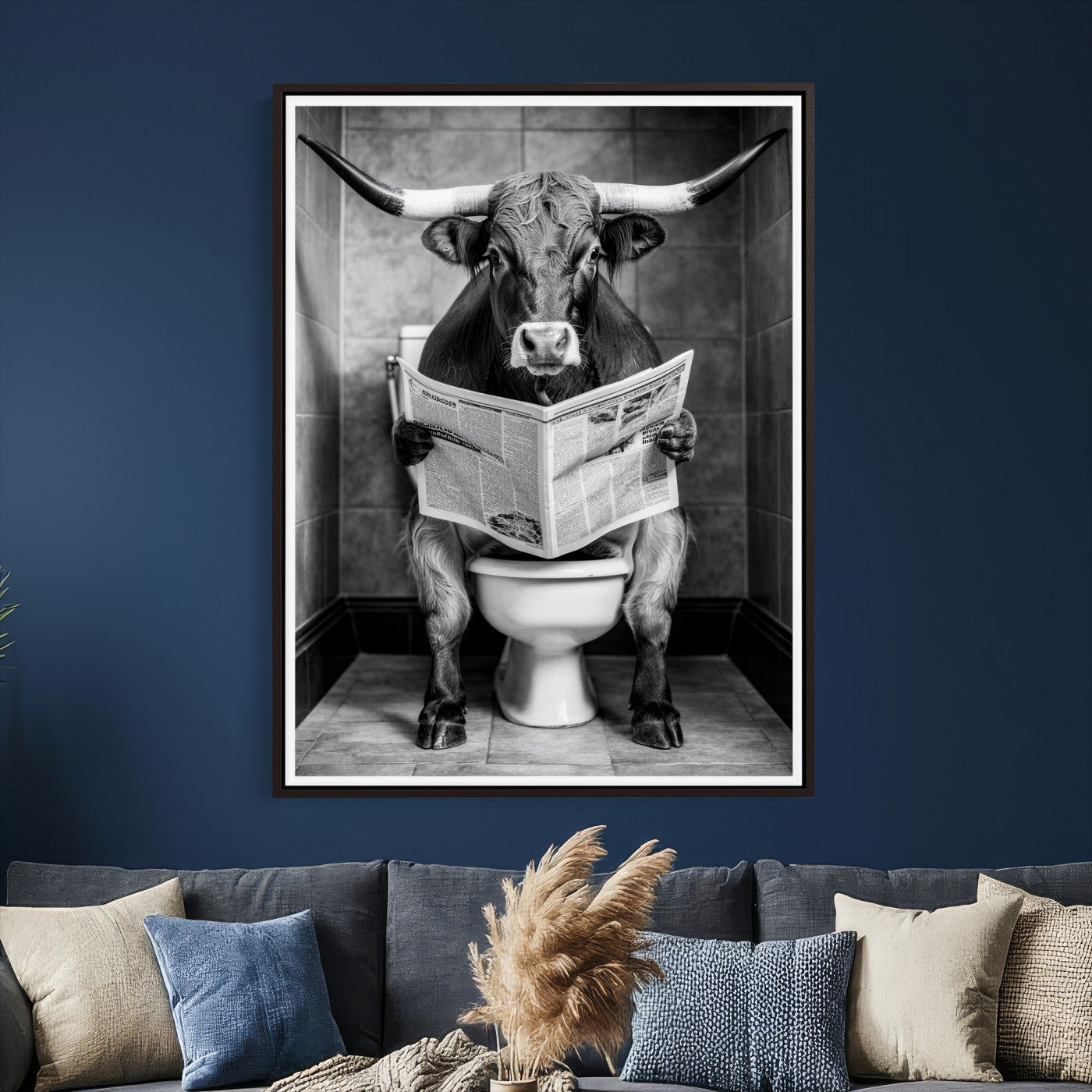 77994492-MGV-CV-24X36 - Texas Longhorn Cow Toilet Paper Canvas Wall Art, Funny Bathroom Black White Print, Cute Animal Humor Decor, Quirky Farmhouse Bathroom Art, Cow Lover Gift