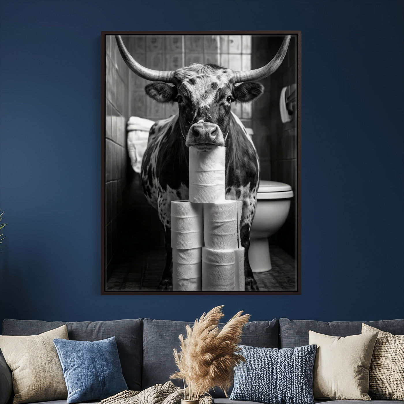 79259956-MGV-CV-24X36 - Texas Longhorn Cow Toilet Paper Canvas Wall Art, Funny Bathroom Black White Print, Cute Animal Humor Decor, Quirky Farmhouse Bathroom Art, Cow Lover Gift