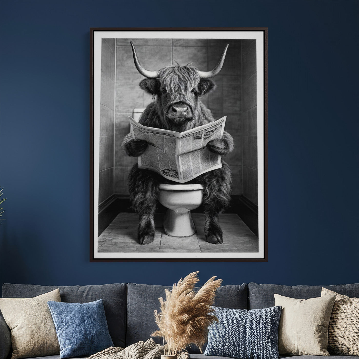 56930218-MGV-CV-24X36 - Funny Bathroom Canvas Wall Art, Texas Longhorn on Toilet Reading Newspaper, Humor Animal Print, Farmhouse Bathroom Decor, Quirky Cow Gift, Toilet Room Art