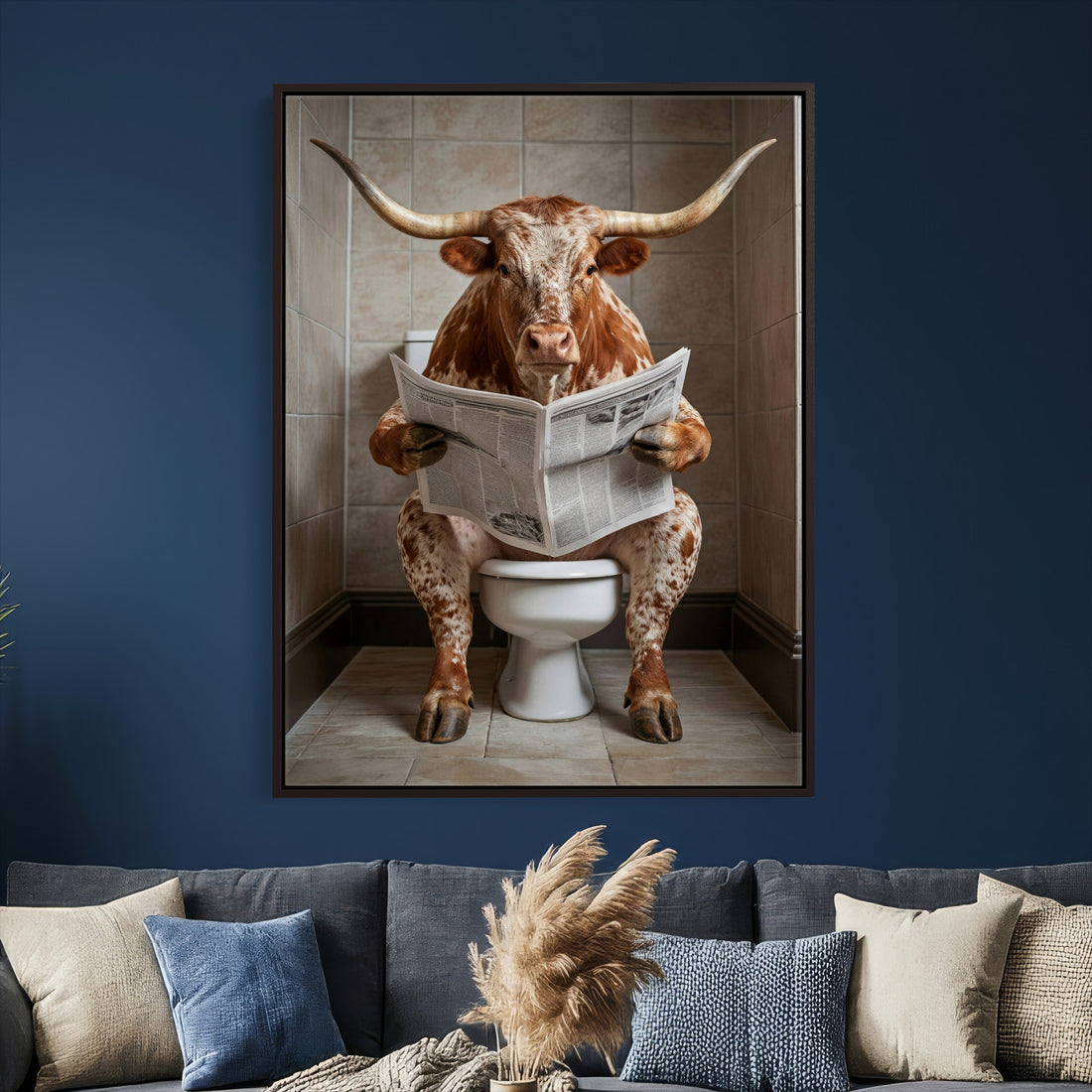 Funny Bathroom Canvas Wall Art, Texas Longhorn on Toilet