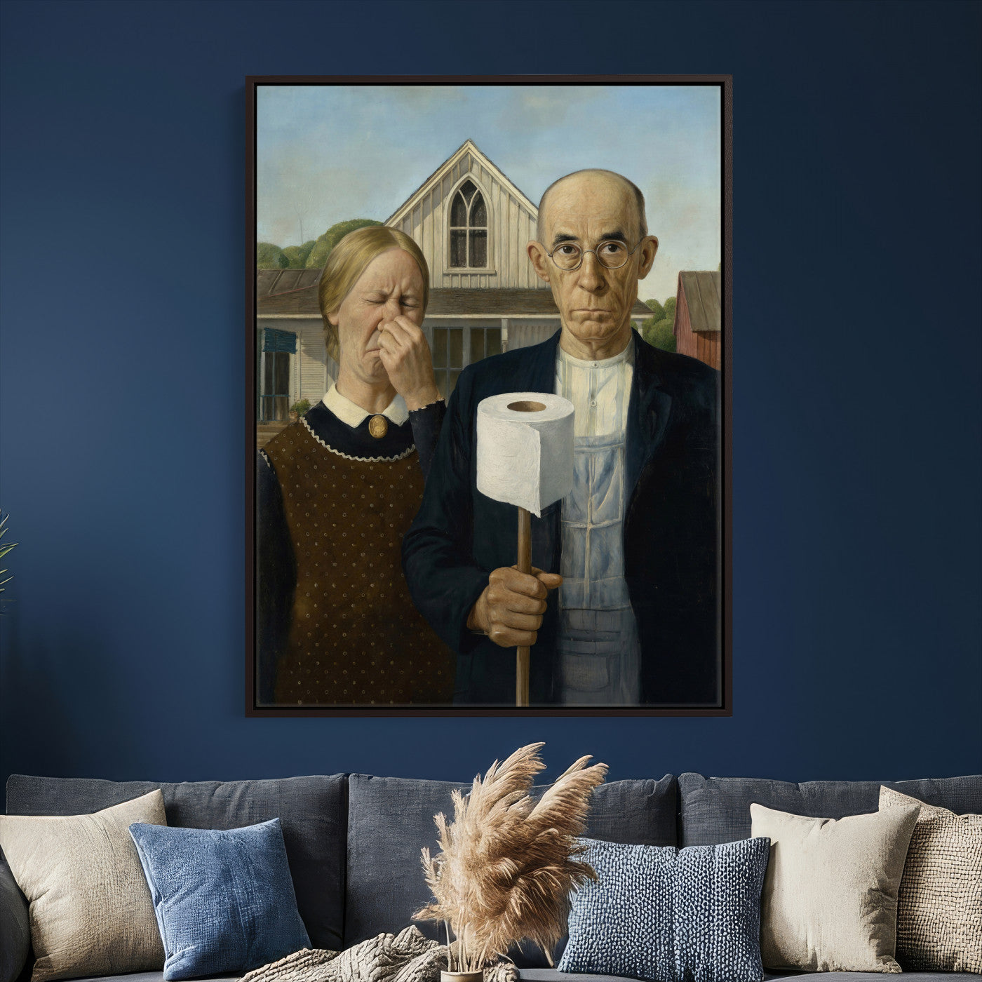 46805085-MGV-CV-24X36 - Funny Bathroom Canvas Wall Art, Grant Wood American Gothic Toilet Paper Parody Print, Humor Bathroom Decor, Classic Art Spoof, Quirky Housewarming Gift