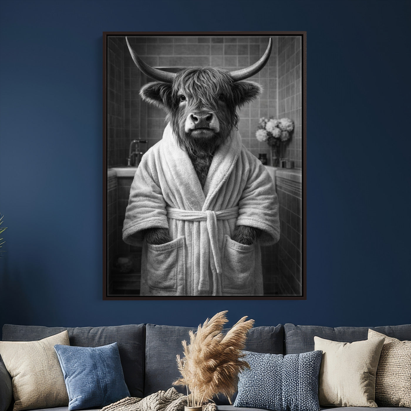 98453723-MGV-CV-24X36 - Funny Bathroom Wall Art Canvas Print, Highland Cow in Bathrobe, Black and White Humor Decor, Animal Bathroom Print, Farmhouse Bathroom Art